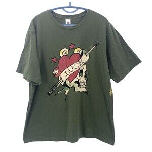 Vintage Ed Hardy T-Shirt Size XL Olive Green Luck Skull Logo Christian Audigier